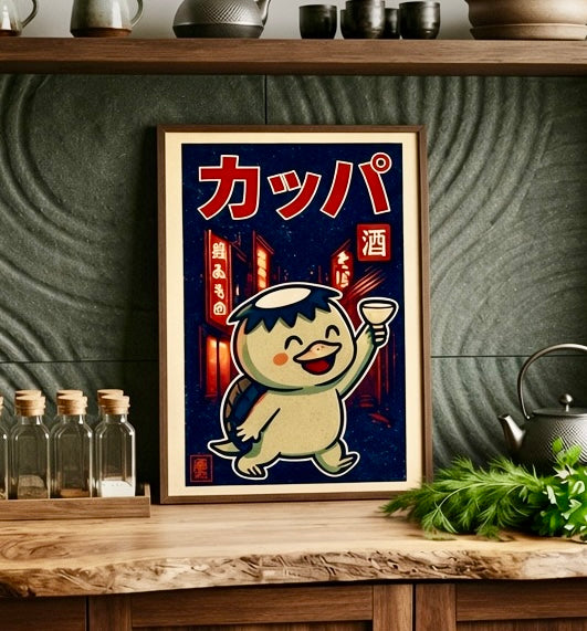 Affiche kappa encadrée sur un mur, vue rapprochée du yôkai souriant et des enseignes rouges de la ruelle