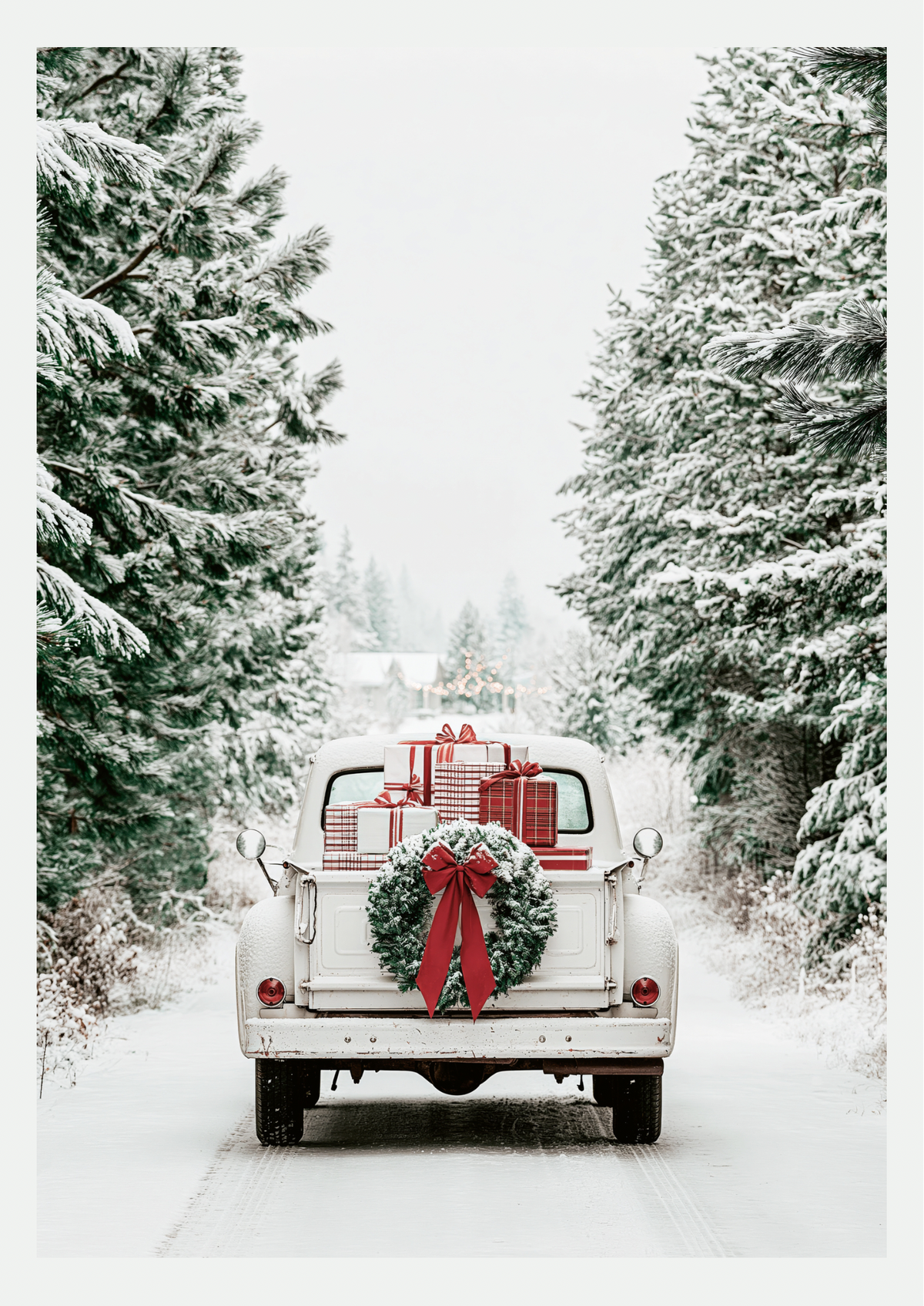 Affiche photo de Noël : voiture blanche vintage vue de dos sur un chemin enneigé, cadeaux rouges et blancs, couronne à grand ruban rouge