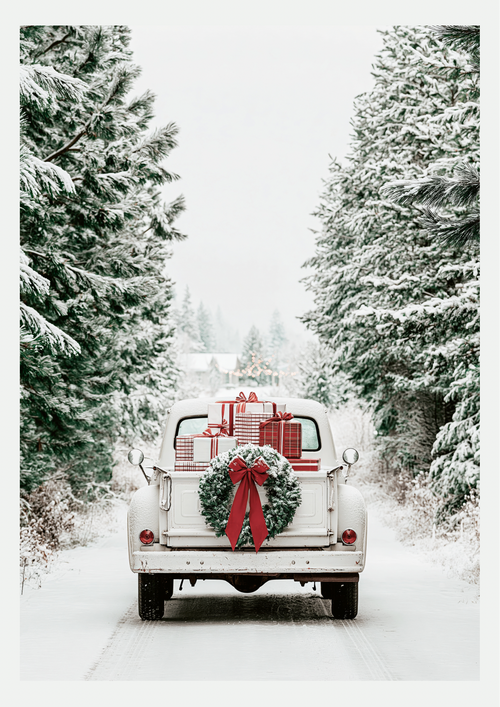 Voiture Blanche Vintage et Cadeaux – Affiche Noël Neige