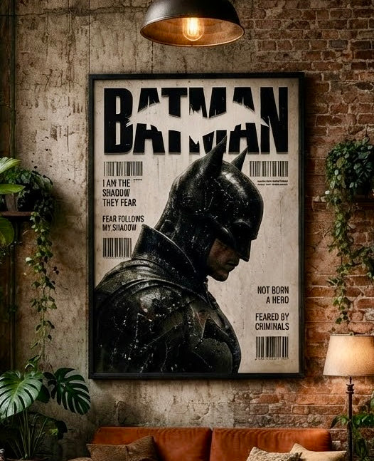 Vue rapprochée de l'affiche Batman encadrée avec le titre en lettres géantes et les codes-barres