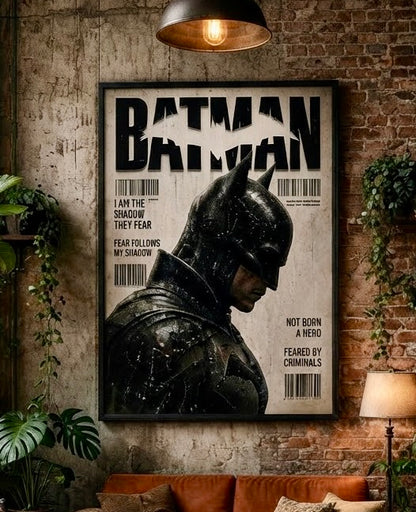 Vue rapprochée de l'affiche Batman encadrée avec le titre en lettres géantes et les codes-barres