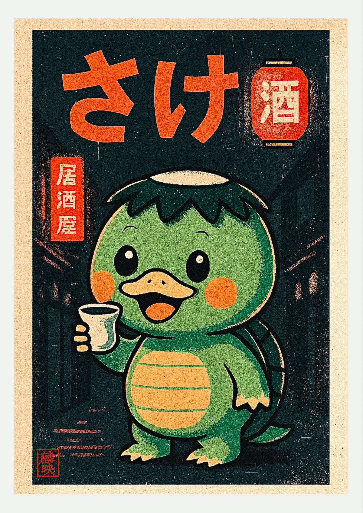 Affiche Kappa Kawaii à l'Izakaya : kappa vert tenant une coupe de saké, lanterne rouge et caractères japonais orange sur fond bleu nuit