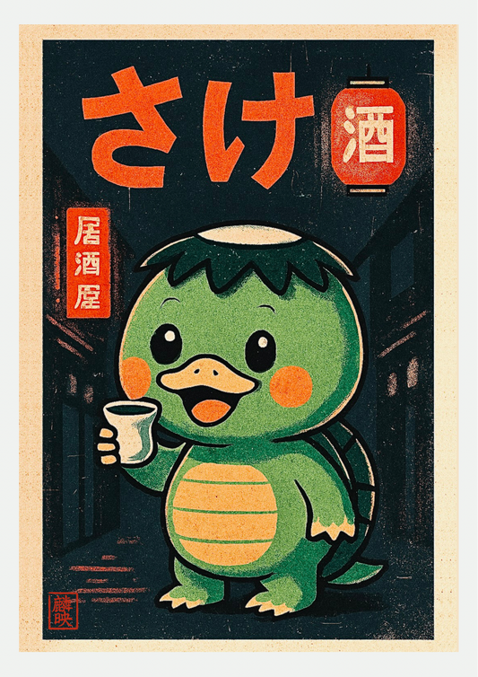 Affiche Kappa Kawaii à l'Izakaya : kappa vert tenant une coupe de saké, lanterne rouge et caractères japonais orange sur fond bleu nuit