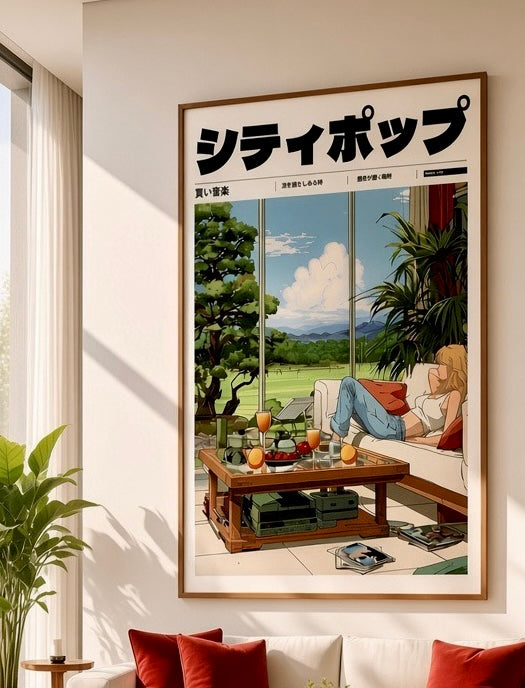Vue rapprochée de l'affiche City Pop Tokyo 1972 encadrée avec son titre japonais sur le mur d'un intérieur