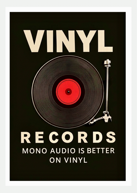 Affiche Vinyl Records : platine vinyle vue du dessus, disque noir au label rouge, texte crème sur fond noir