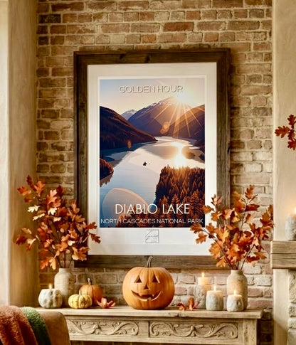 Diablo Lake Golden Hour – Affiche Lac et Montagnes