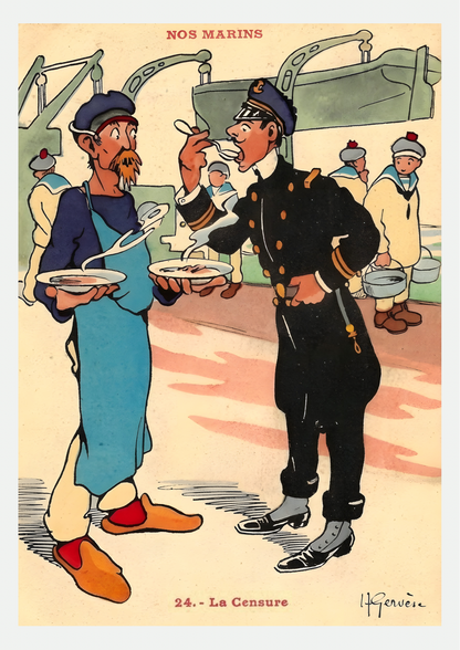 Affiche vintage Nos Marins n°24 La Censure par Gervèse : cuistot barbu au tablier bleu et officier goûtant la soupe, fond crème Belle Époque