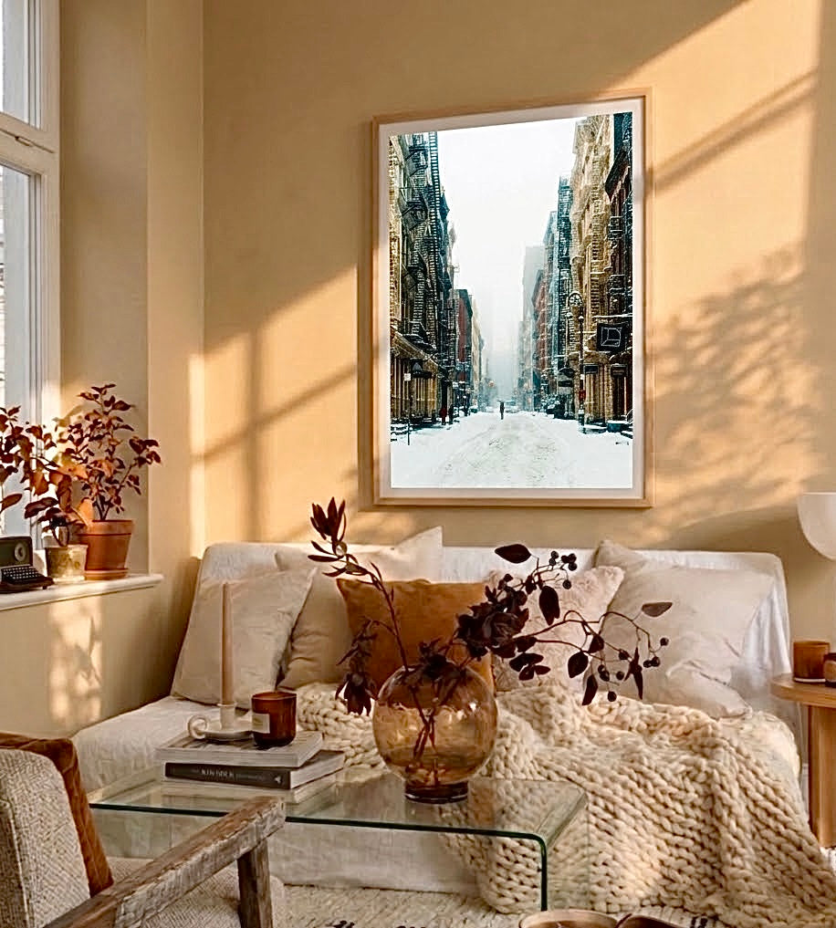 Vue large d'un salon décoré avec l'affiche photo de SoHo sous la neige encadrée sur le mur