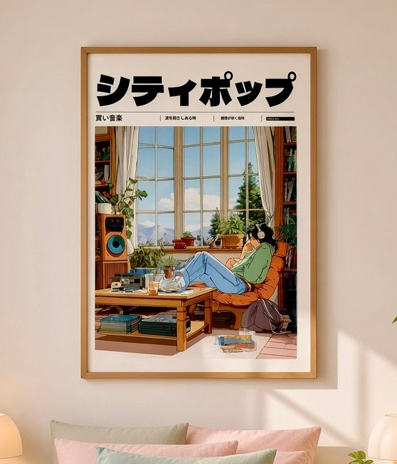 Gros plan sur l'impression et le papier de l'affiche City Pop jeune fille au casque face aux montagnes