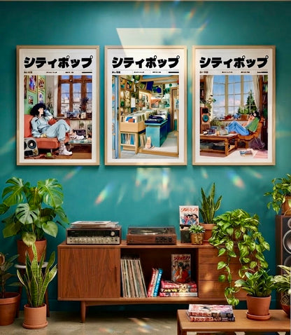 Trio d'affiches City Pop (disquaire vintage, écouteurs dans l'herbe, shopping à Tokyo) encadrées dans un salon rétro avec platine vinyle et plantes vertes