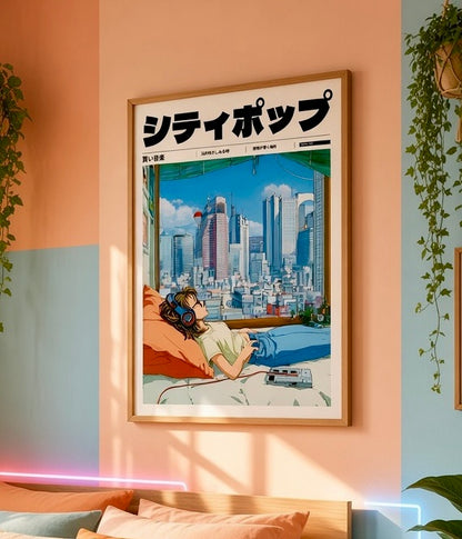 Gros plan sur l'impression et le papier de l'affiche City Pop vue sur Tokyo depuis la chambre