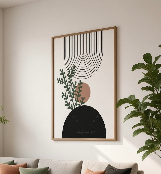 Vue d'ensemble du salon avec l'affiche Cercle Noir & Fougères Illustrées en décoration murale