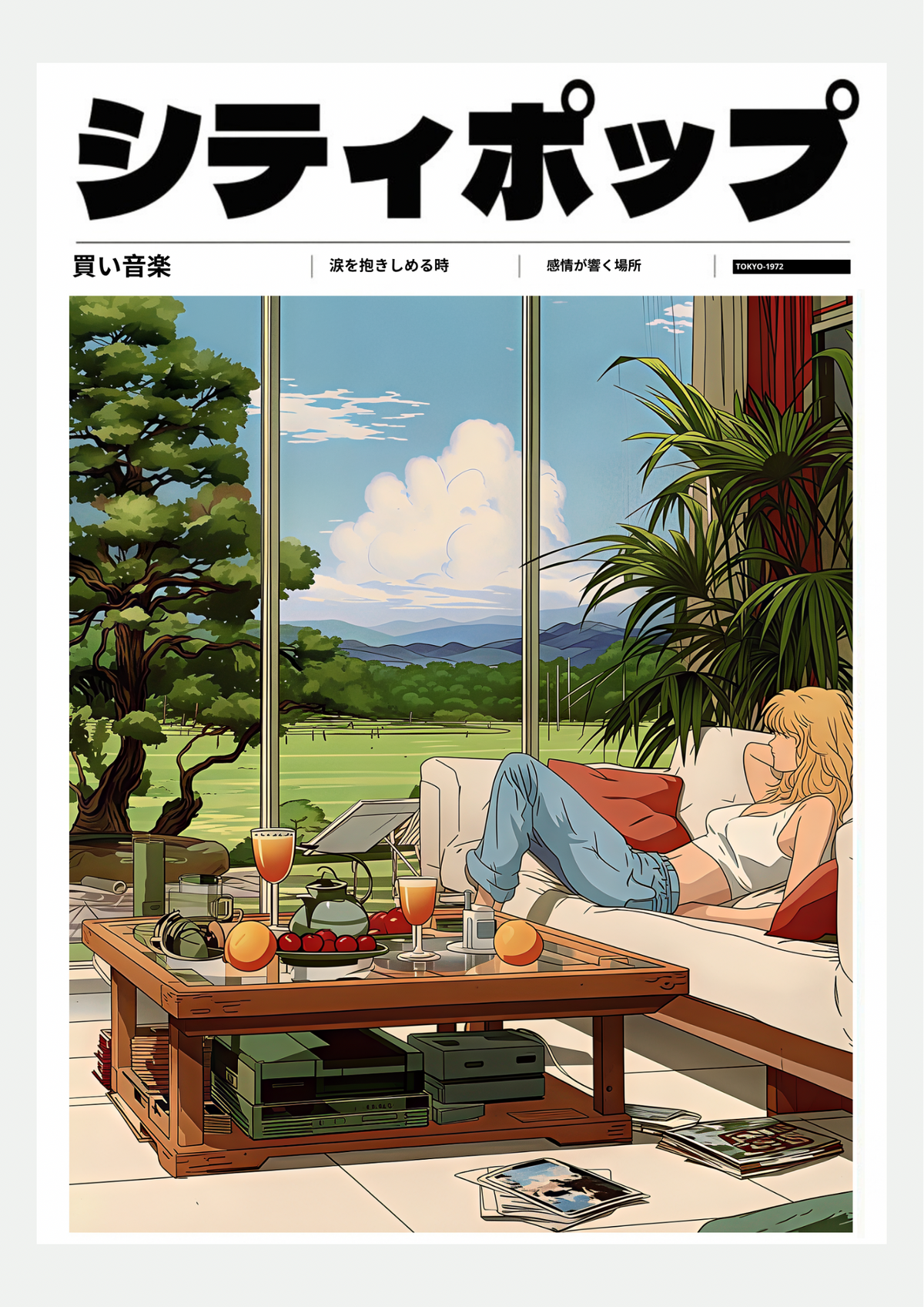 Affiche City Pop femme blonde allongée sur un canapé blanc face à une prairie, présentée seule sur fond neutre
