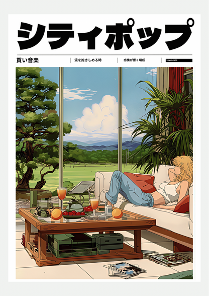 Affiche City Pop femme blonde allongée sur un canapé blanc face à une prairie, présentée seule sur fond neutre