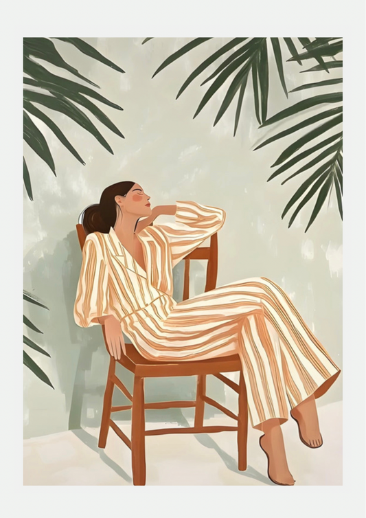 Affiche d'une femme en pyjama rayé détendue sur une chaise en bois, palmes vertes et fond vert sauge