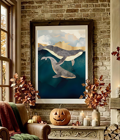 Deux Baleines à Bosse et Feuilles d'Or – Affiche Océan