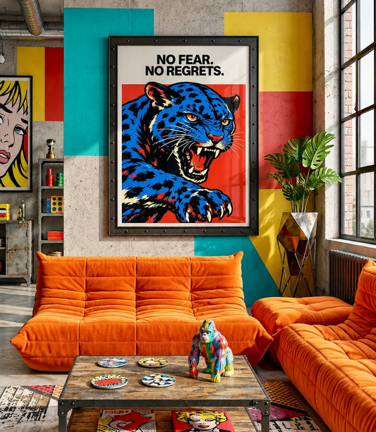Poster pop art panthère bleue No Fear No Regrets encadré sur le mur d'un salon moderne