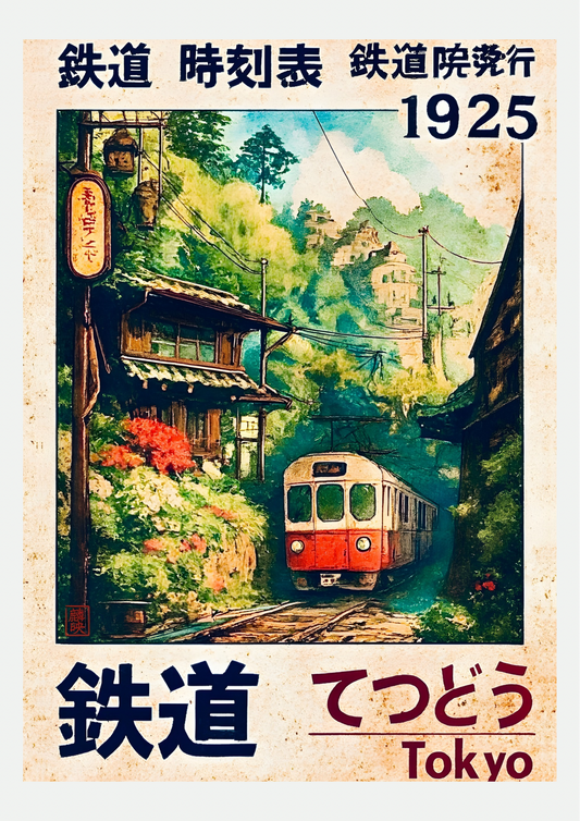 Affiche Tetsudo 1925, tramway vintage japonais, présentée seule sur fond neutre