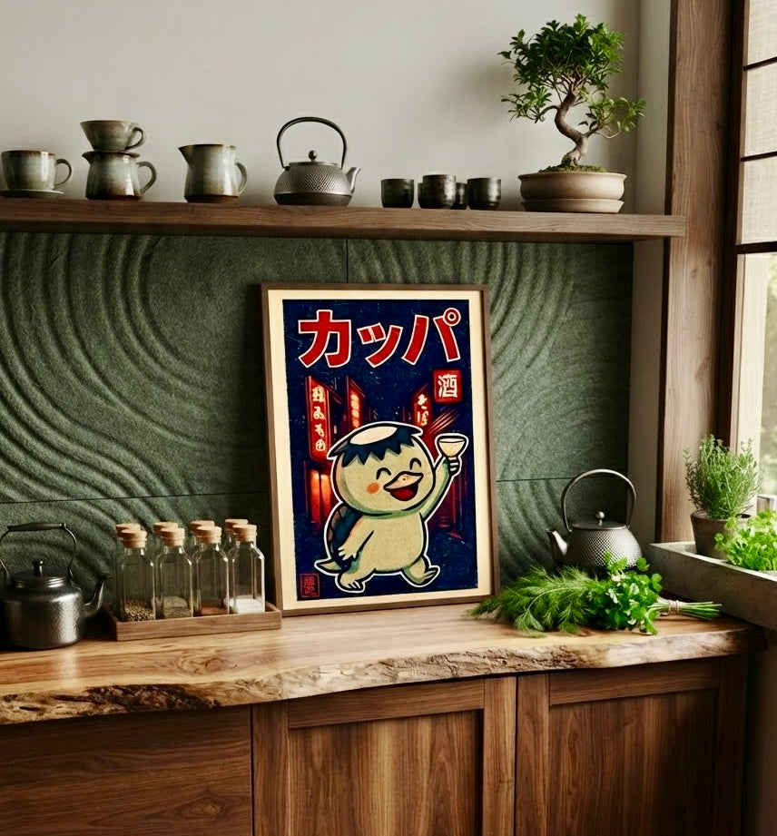 Vue élargie d'un intérieur décoré avec l'affiche kappa encadrée, ambiance japonaise rétro et néon
