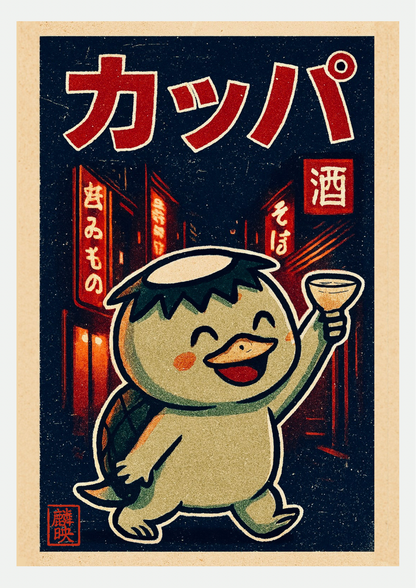 Affiche kappa joyeux levant sa coupe dans une ruelle de Tokyo de nuit, illustration japonaise rétro bleu nuit et rouge avec katakana