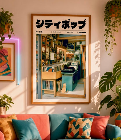 Vue d'ensemble du salon avec l'affiche City Pop disquaire vintage Tokyo en décoration murale