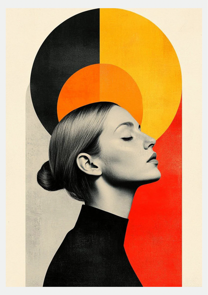 Affiche portrait de profil noir et blanc avec halo de cercles colorés