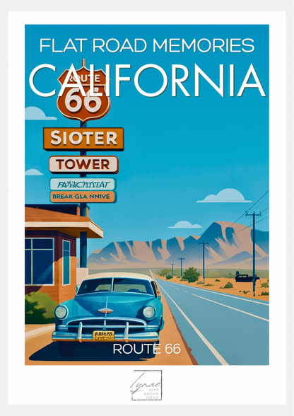 Affiche flat design Flat Road Memories, voiture vintage bleu ciel devant un motel sur la Route 66 en Californie