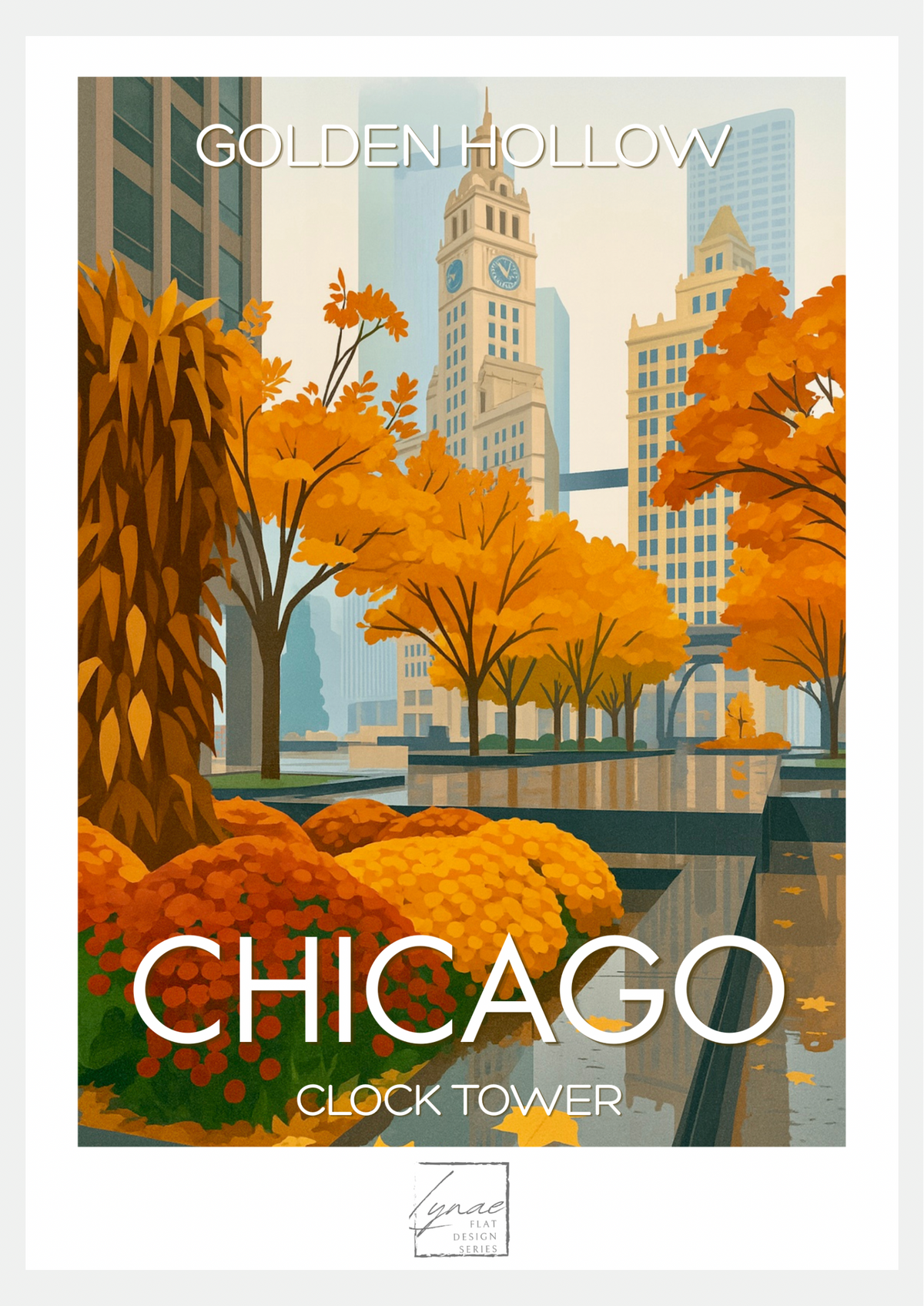 Affiche Golden Hollow Chicago, tour horloge en automne, arbres et fleurs dorées, flat design