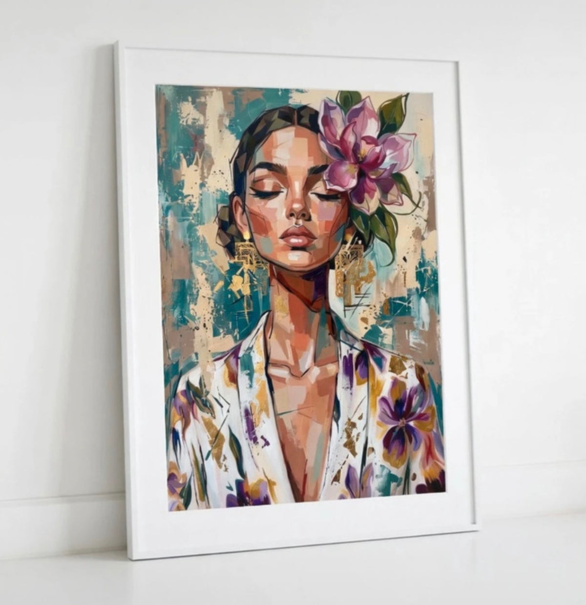 Poster Portrait Fleuri encadré, décoration murale chambre ou salon
