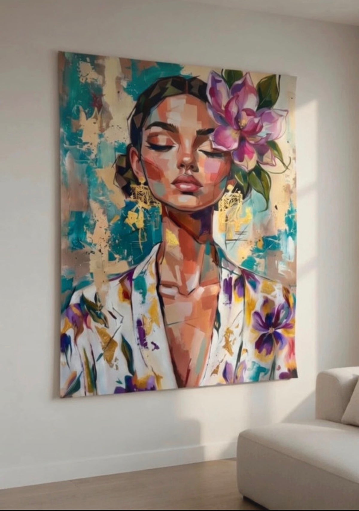 Affiche Portrait Fleuri encadrée dans un intérieur décoratif