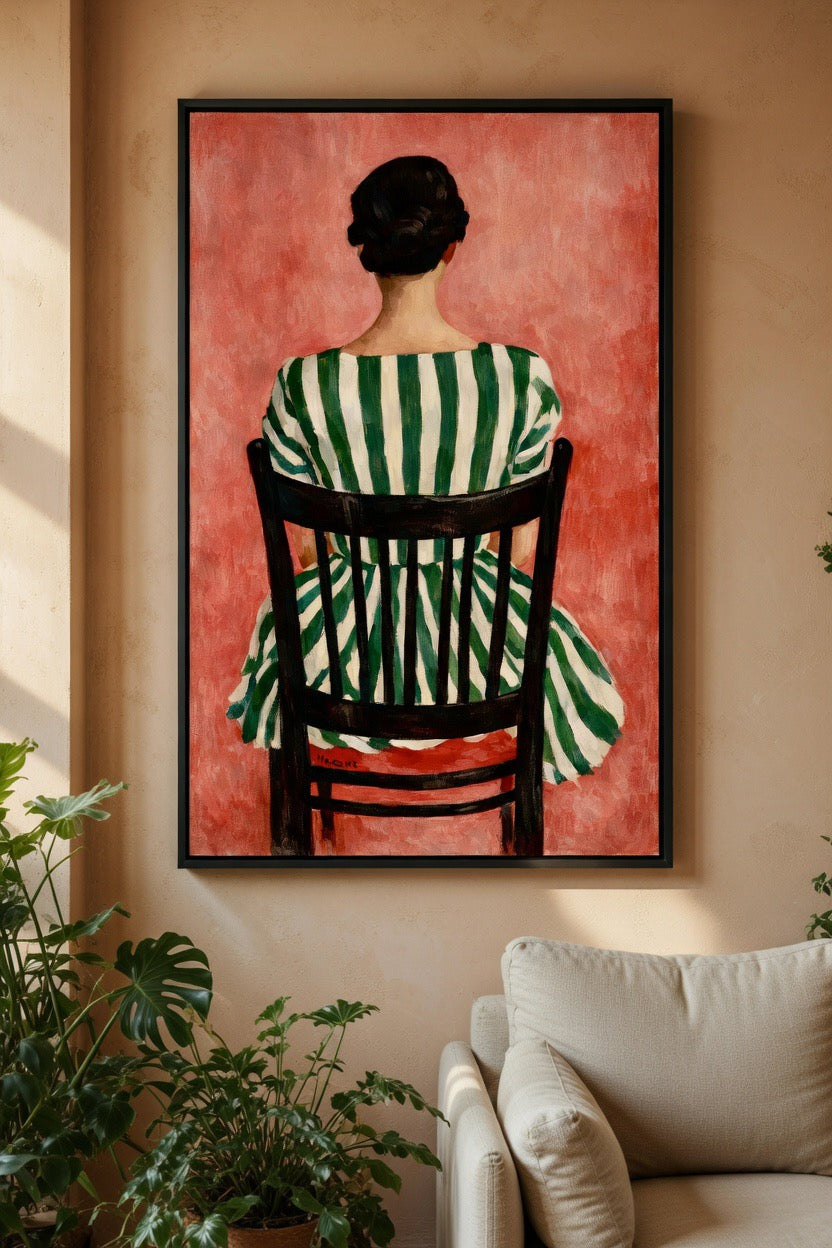 Poster Femme Robe Rayée encadré, décoration murale salon