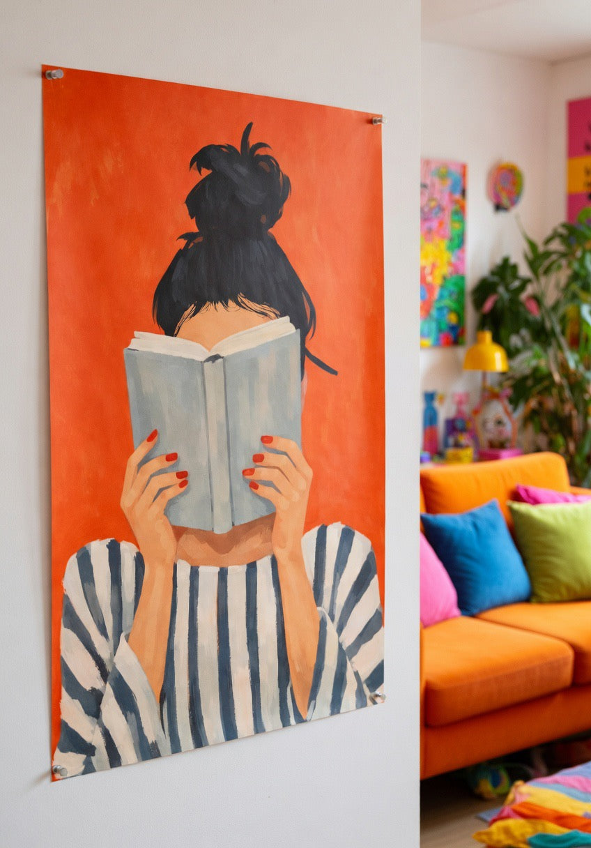 Gros plan sur l'affiche Femme Lecture Rayée encadrée