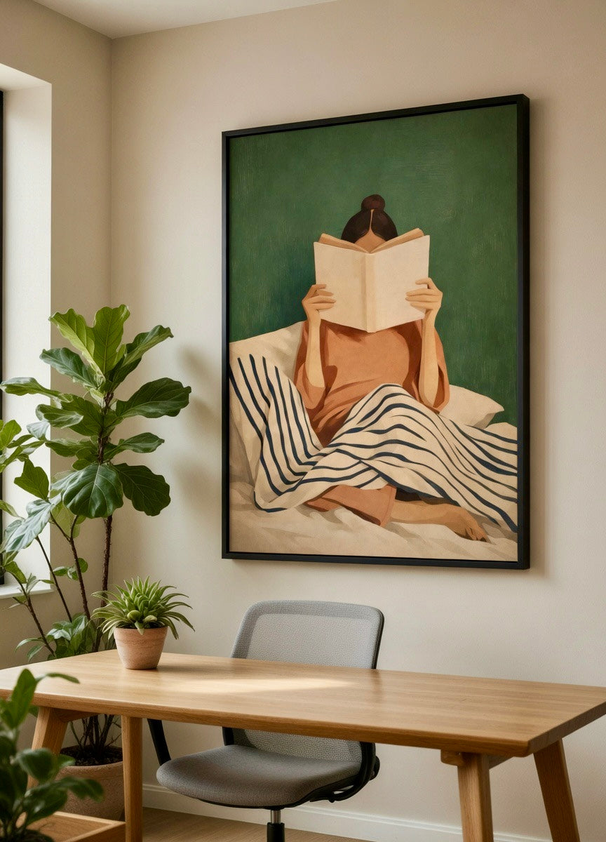 Affiche Femme Lecture Lit Rayé encadrée dans un intérieur décoratif
