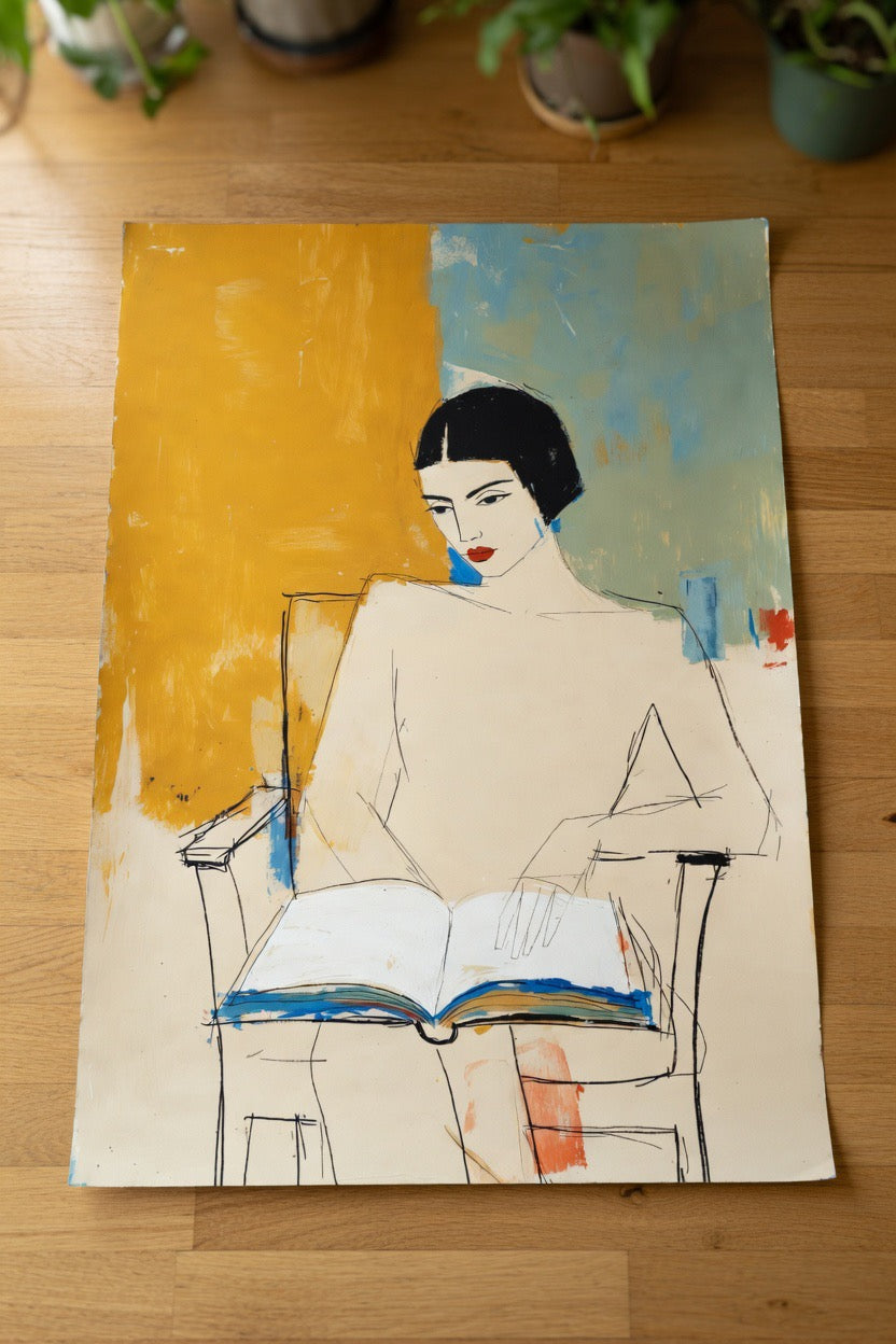 Affiche Femme Lecture Croquis encadrée dans un intérieur décoratif