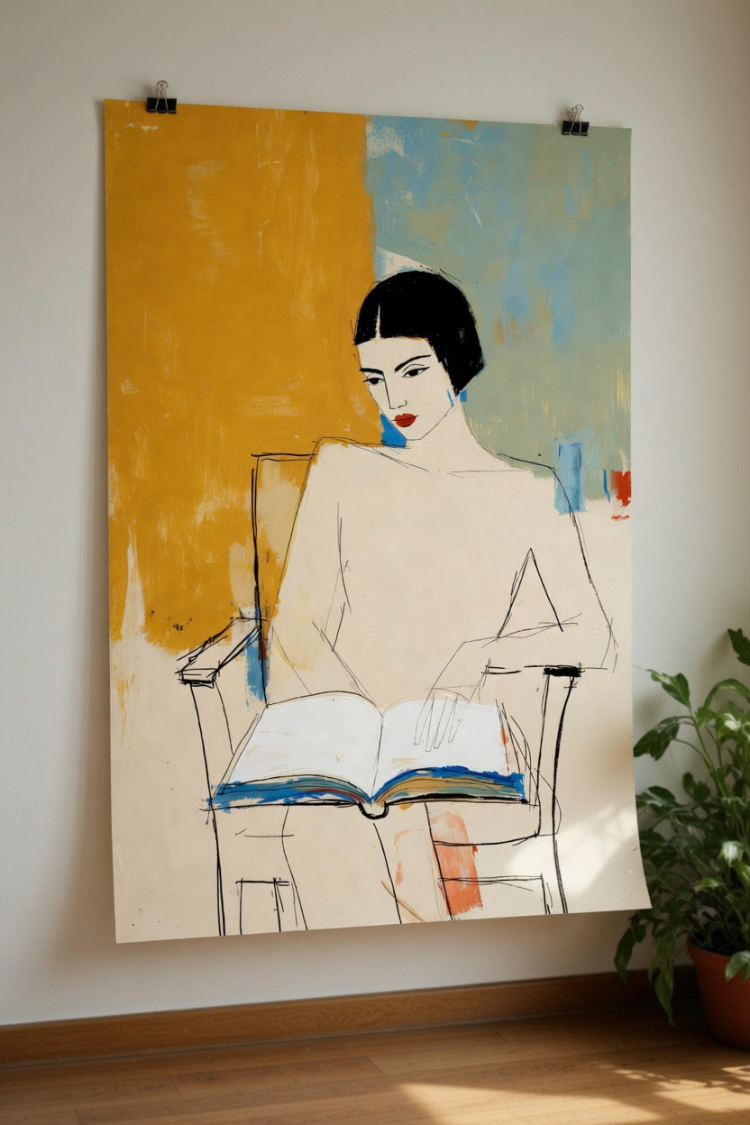 Gros plan sur l'affiche Femme Lecture Croquis encadrée