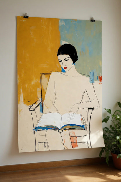 Gros plan sur l'affiche Femme Lecture Croquis encadrée