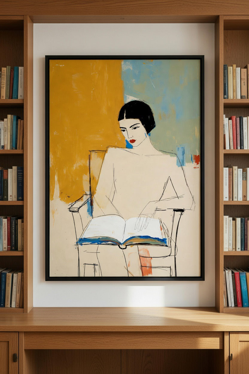 Poster Femme Lecture Croquis encadré, décoration murale bureau