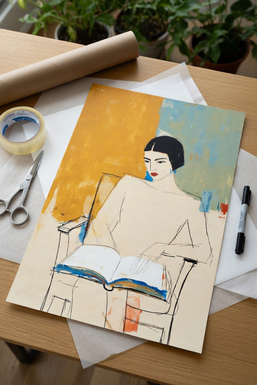 Affiche Femme Lecture Croquis avec cadre dans une ambiance chaleureuse