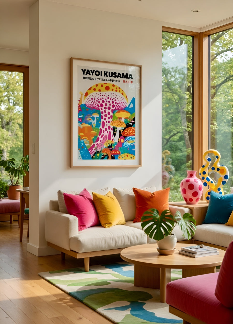 Affiche champignons pointillistes encadrée, présentée en situation dans un intérieur