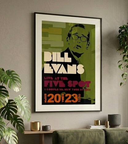 Gros plan sur la typographie et les couleurs du poster jazz Bill Evans