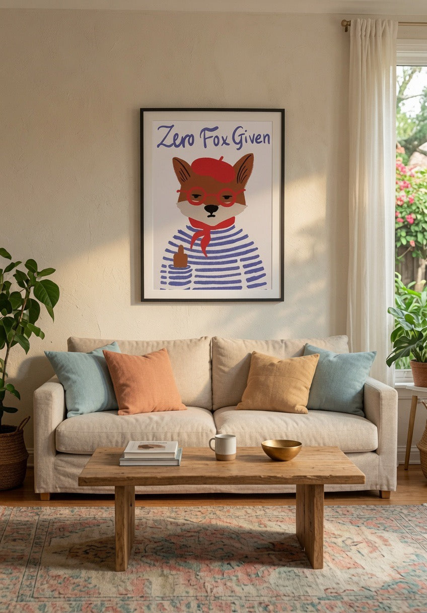 Affiche renard encadrée, présentée en situation dans un intérieur