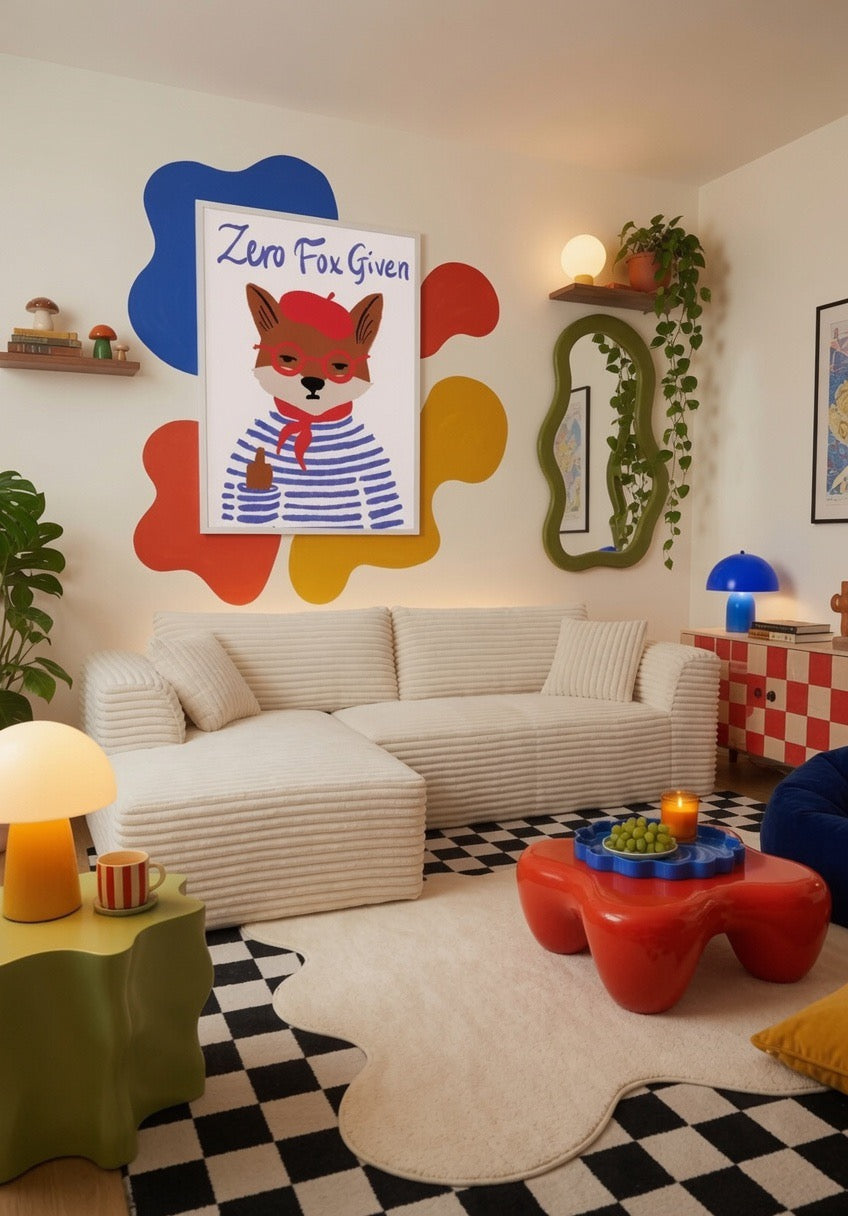 Ambiance intérieure avec l'affiche renard encadrée au mur