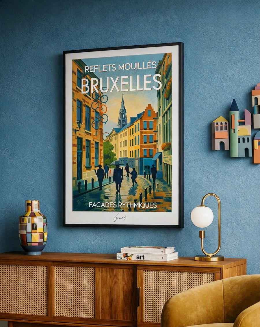 Affiche Bruxelles Reflets Mouillés, présentation lifestyle