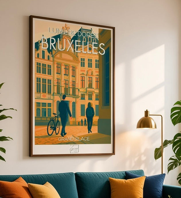 Gros plan sur le cadre et les couleurs de l'affiche Bruxelles Lumière Dorée