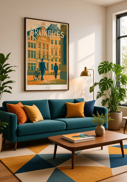 Affiche Bruxelles Lumière Dorée encadrée en situation dans un intérieur