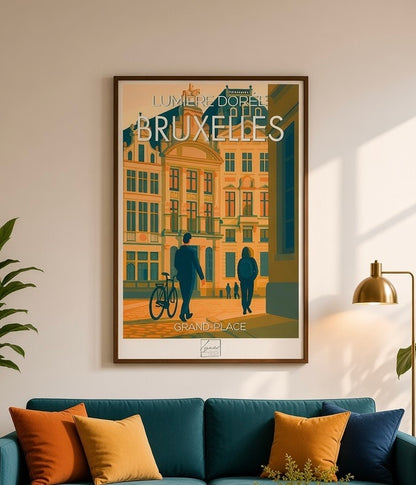 Affiche Bruxelles Lumière Dorée posée à plat, scène de rue Grand-Place
