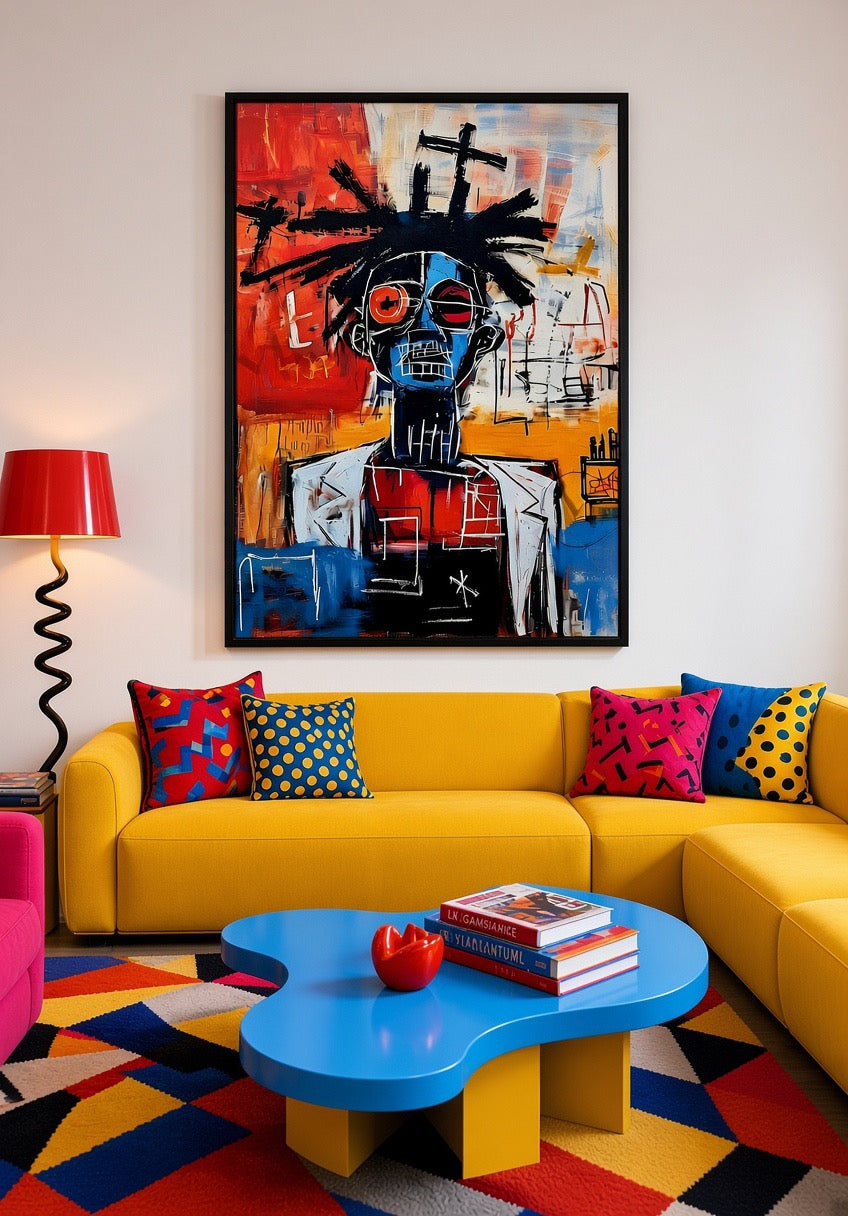 Affiche Jean-Michel Basquiat portrait rouge & bleu encadrée en situation dans un salon