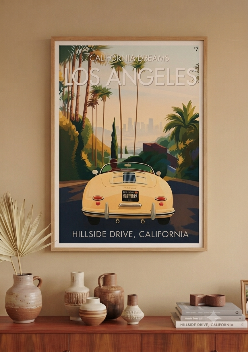 Gros plan sur le cadre et les couleurs de l'affiche Chrome Drift Los Angeles