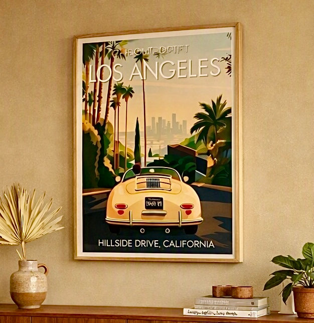 Affiche Chrome Drift Los Angeles posée à plat, cabriolet et skyline de Los Angeles