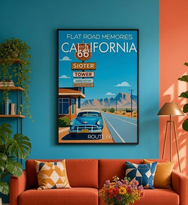 Gros plan sur le cadre et les couleurs de l'affiche Flat Road Memories Route 66
